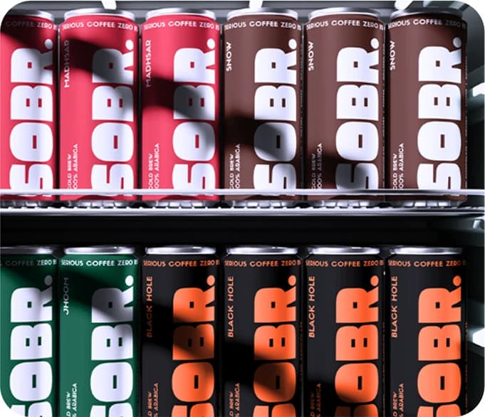 Rows of SOBR cold brew cans designed by Artemedy