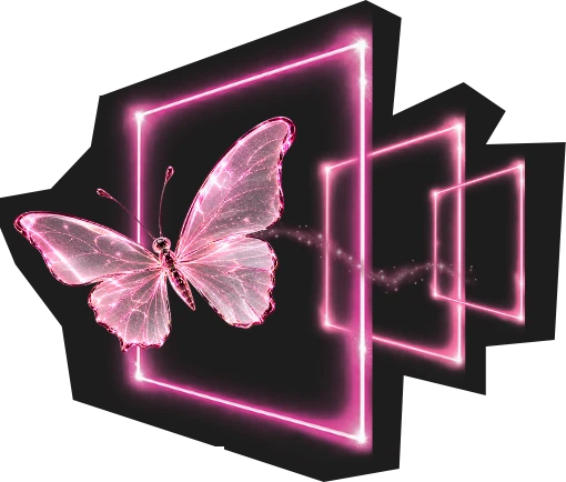 A glass butterfly flying through a corridor of neon frames - the Artemedy mark